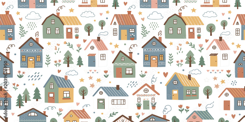 Fototapeta premium Cute Cartoon Houses Seamless Pattern Vector Background Featuring Whimsical Hand Drawn Doodle Homes Trees Clouds and Stars for Fabric Textile Designs
