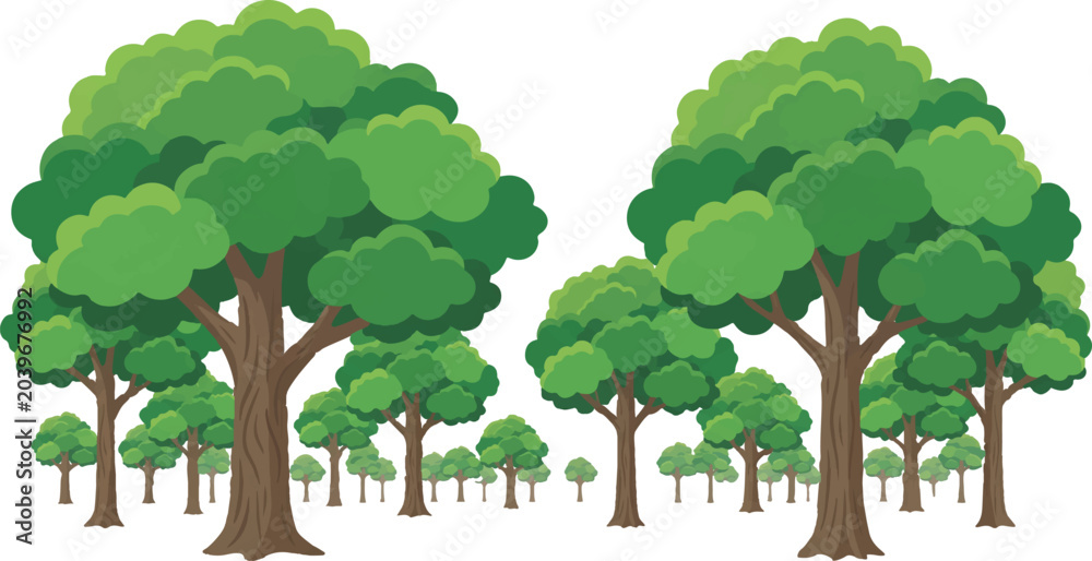 Obraz premium A lush green forest with many trees and dense foliage, representing nature's beauty and the environment