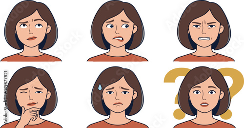 Foto Female Facial Expression Set with Confused, Worried, Angry, Sad, and Curious Emo