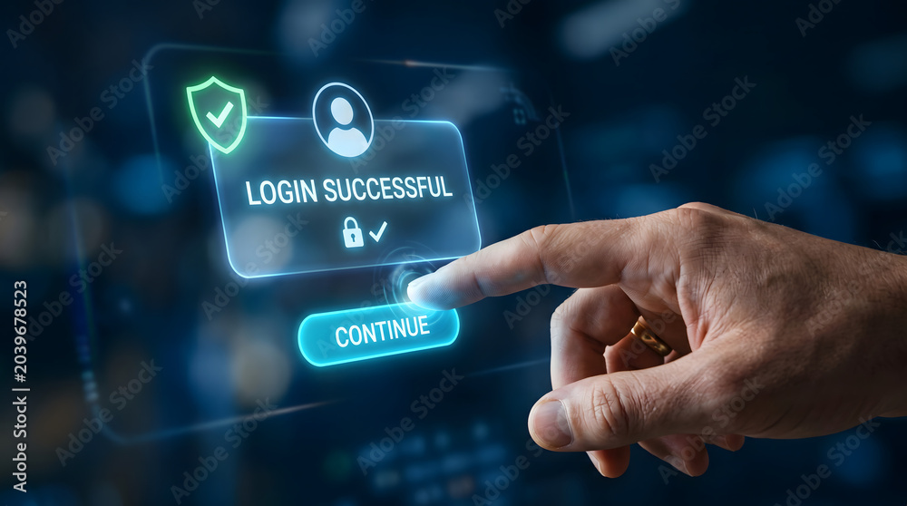 Fototapeta premium Close-up of a hand pressing a floating hologram continue button on a login success modal interface