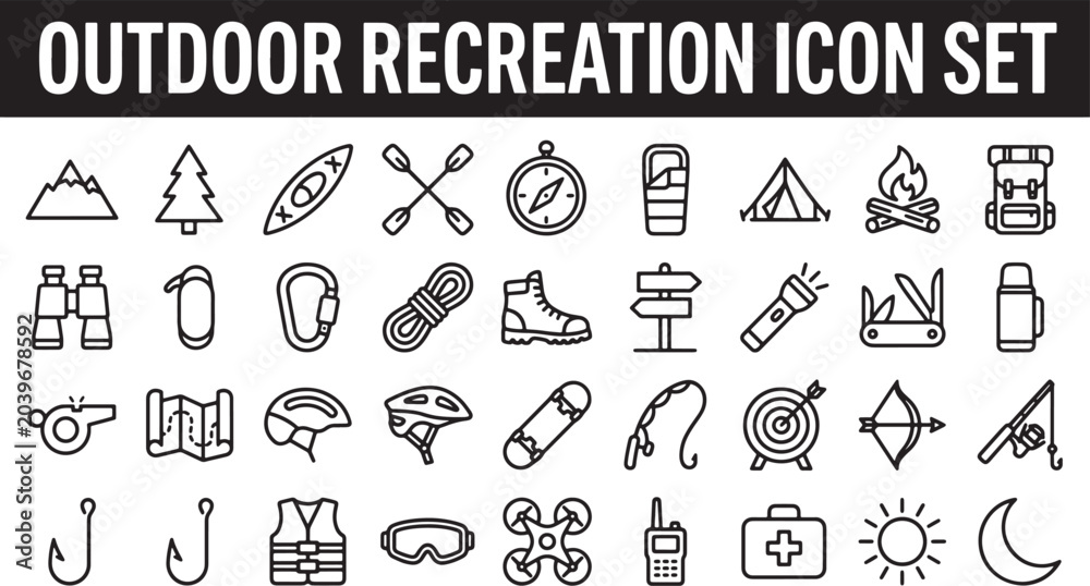 Fototapeta premium Outdoor recreation and camping activity icons set featuring hiking travel and adventure equipment in linear vector style