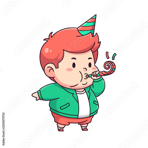 Happy cartoon child blowing party noisemaker with hat.