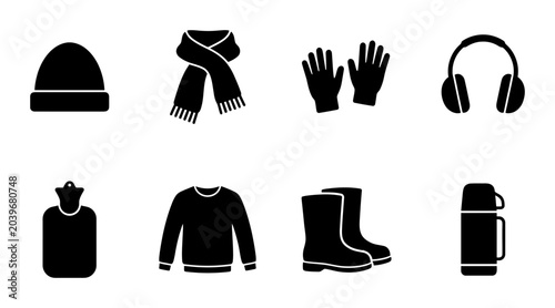Obraz na płótnie Winter Clothing and Accessories Silhouette Icons for Cold Weather Protection