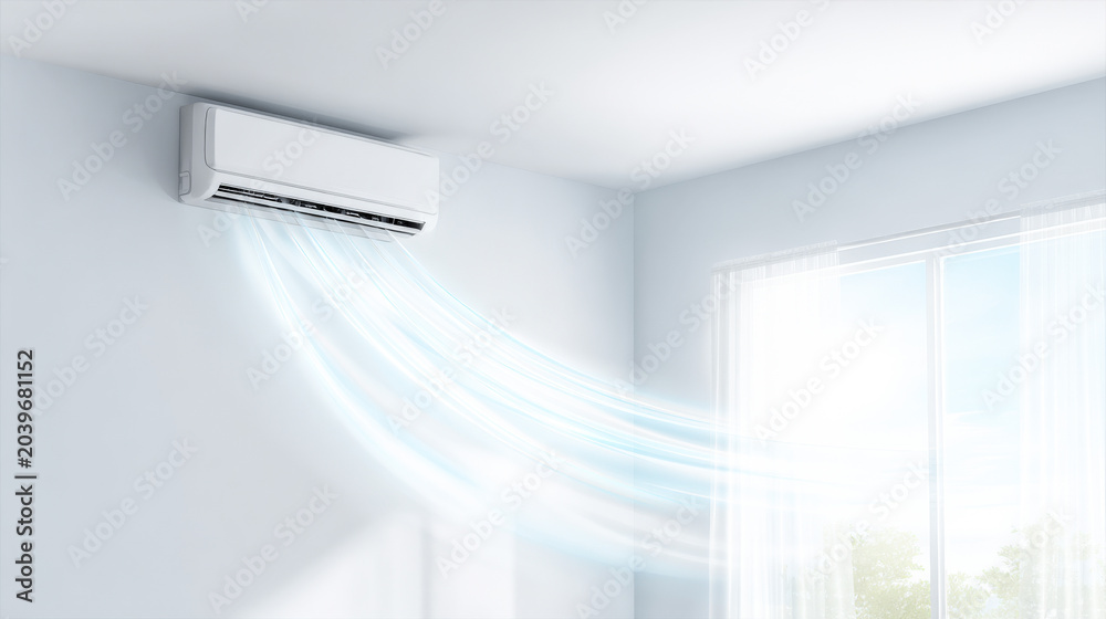 Fototapeta premium Modern air conditioner cools bright minimalist room with daylight and flowing air