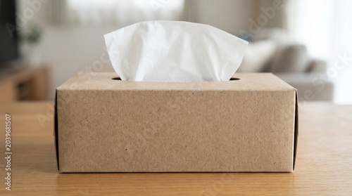 Minimalist brown tissue box made from recycled cardboard, with a single white facial tissue pulled out, resting on a wooden table in a cozy home setting.
