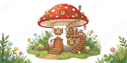 Whimsical Fairy Mushroom House Vector Illustration Featuring Cute Forest Gnome Cottage with Red Toadstool Roof Windows Stairs and Garden Flowers