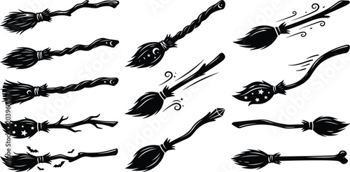 Fotografie Witch Broom Silhouette Vector Set Featuring Spooky Magic Flying Broomsticks with