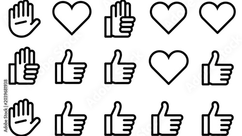 Fotografía Set of hand-drawn like and dislike thumbs up and down icons with heart symbols V