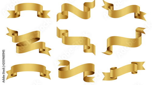Set of decorative golden ribbons with elegant bows floating in space Vector
