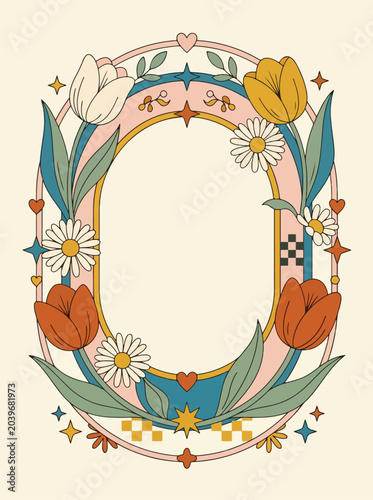 Decorative Floral Vector Frame with Tulips Daisies and Abstract Elements in Modern Minimalist Style