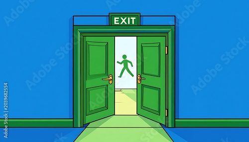 Cartoon exit door green door opens to a bright passage. Exit sign above. Blue walls. Flat, two-dimensional style