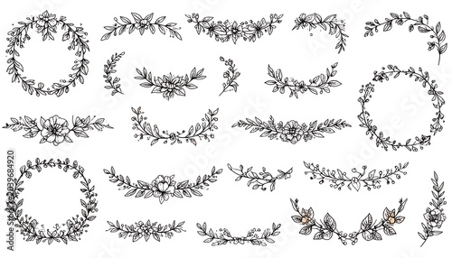 Collection of delicately sketched floral wreaths, corners, and dividers, showcasing intricate details on a white background