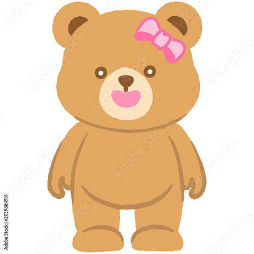 Chubby belly cute girl teddy bear with bow stand and cozy smile flat doodle hand-drawn