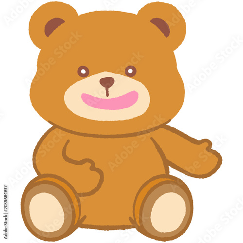 Cute boy teddy bear sitting and gesturing warmly to welcome and invite flat doodle hand-drawn