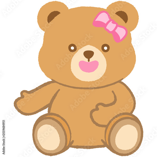 Cute girl teddy bear with bow sitting and gesturing welcome and invite flat doodle hand-drawn