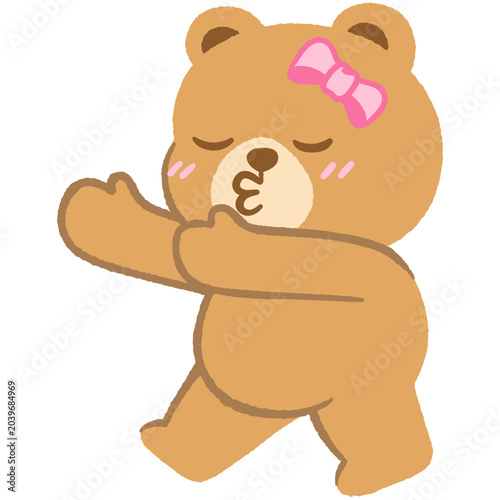 Adorable girl teddy bear pucker lips and open arms rush into a hug flat doodle hand-drawn