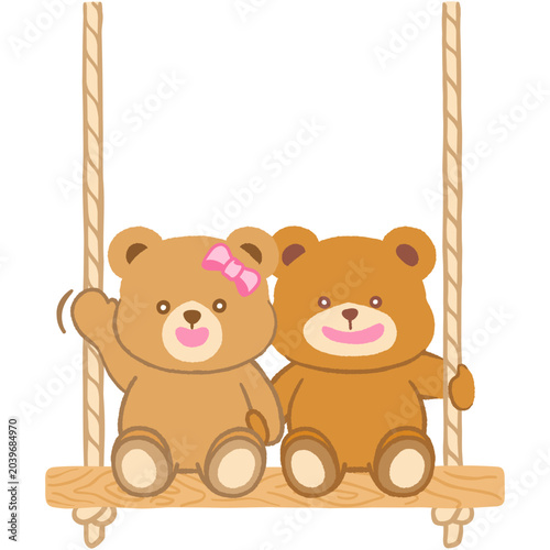 Adorable couple of teddy bears holding hands sitting together on swing flat doodle hand-drawn