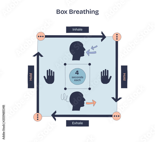 Photography Box breathing is shown with arrows, faces, and hands to illustrate inhale, hold, exhale steps in a doodle style diagram, transparent background