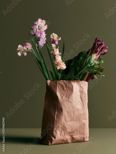 Brown paper bag with a bunch of flowers in it. the bag is sitting on a green surface and the background is a solid green color.