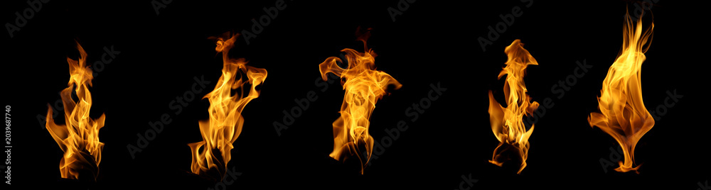 Fototapeta premium Collection of realistic fire flames isolated on black background, blazing orange fire set with burning heat, smoke effect, energy, danger, campfire, and dramatic design element.