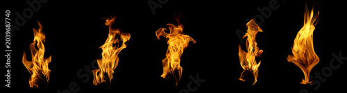 Obraz na płótnie Collection of realistic fire flames isolated on black background, blazing orange fire set with burning heat, smoke effect, energy, danger, campfire, and dramatic design element