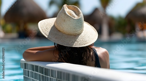 Woman relaxing at poolside, shaded by straw hat, peaceful moments