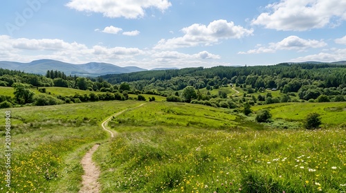 Scenic winding trail through lush green meadows and distant mountains on a sunny day