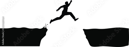 Bild auf Leinwand Silhouette of a man jumping over a cliff gap minimalist black and white illustra