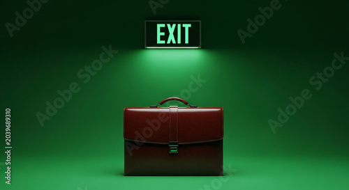 Glowing exit sign above a briefcase in darkness
