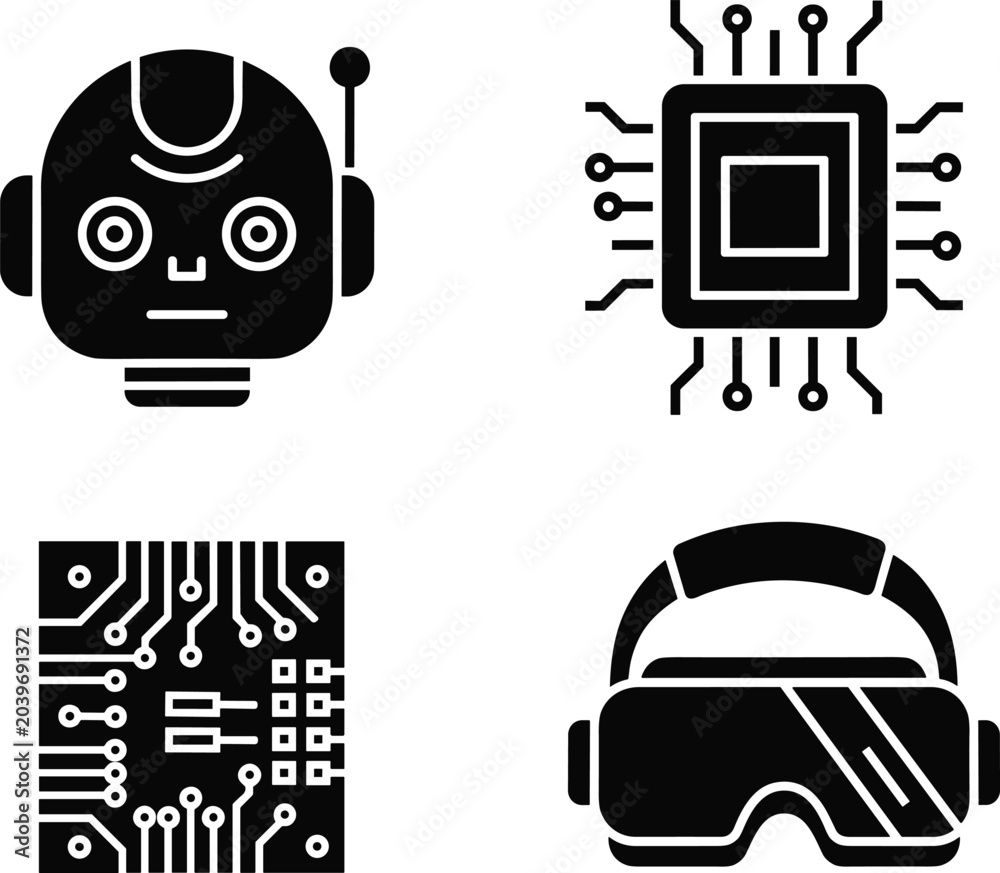 Naklejka premium Black and White Silhouette Icons Depicting Robot Head, Microchip, Circuit Board and Virtual Reality Headset in Modern Technology Design