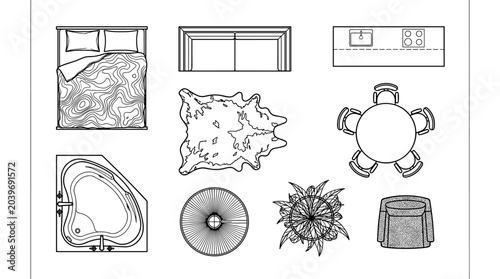 residential interior floor plan symbols set. top view mixed furniture. apartment cad symbol project. architectural technical drawing.