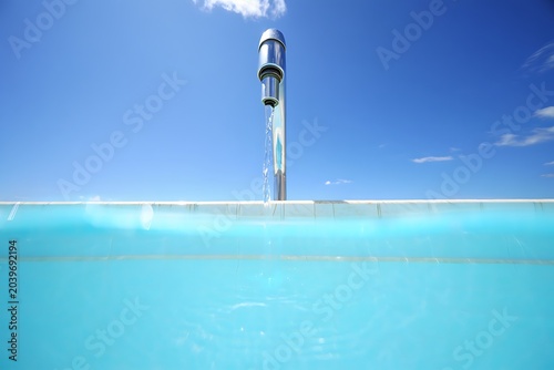 Closeup chrome faucet pouring crystal clear water into a luxury blue tiled swimming pool. Refreshing aquatic scene featuring cleanliness, relaxation, wellness, and summer.