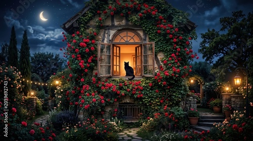 Stone cottage covered in red roses with black cat sitting in open window in moonlit garden pathway at night