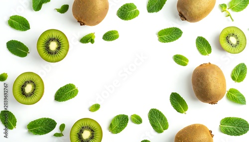 Kiwi slices and mint leaves frame white space, creating a refreshing, vibrant flat lay composition