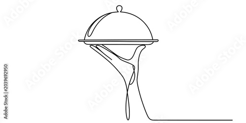 Tableau sur toile Continuous line drawing of a hand holding a food cloche