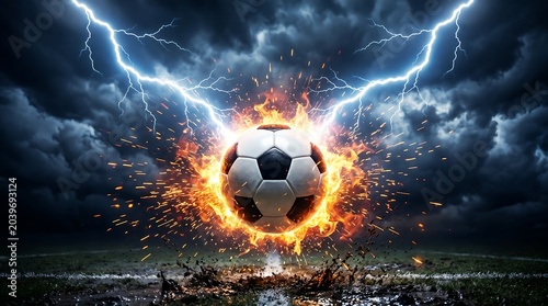 Soccer ball on fire with lightning strikes and sparks on a dark stormy field background