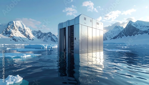 A futuristic metallic structure floats on icy waters amidst snow-capped mountains
