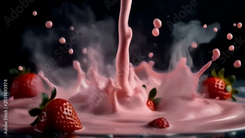 High Speed Macro Video of Strawberry Smoothie Splash Effect Creamy Texture 4K