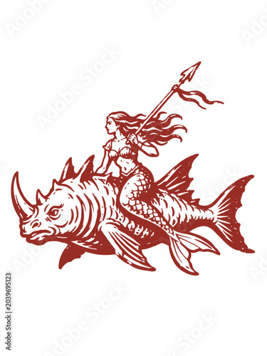 Quadro su tela A mythical creature with a woman's upper body and a fish's lower body is ridden