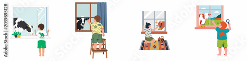 Bild auf Leinwand Set of four illustrations featuring curious children observing and interacting with cows through windows in a charming rural farm setting