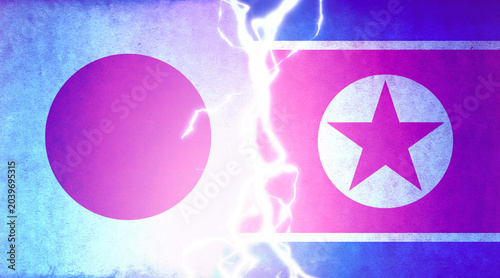 Japan vs North korea Flags Conflict Concept Background ( Lightning )