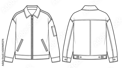 Zip work trucker jacket technical flat drawing illustration mock-up template for design and tech packs men fashion CAD streetwear utility workwear outer apparel.