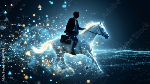 Businessman riding horse through digital landscape virtual world action scene futuristic environment dynamic perspective