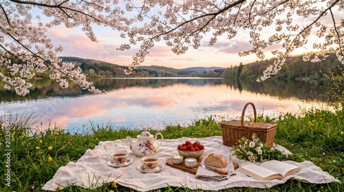 Picnic setup with teapot cups basket and pastries on blanket by calm lake under cherry blossom branches at sunrise in pastoral landscape
