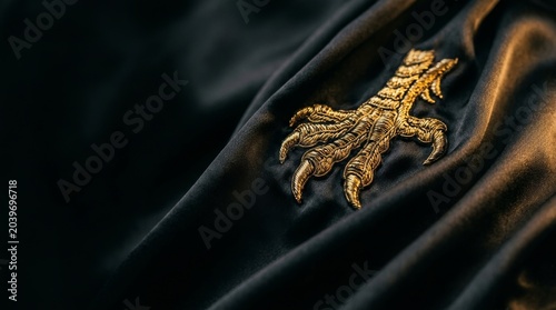 Exquisite Golden Dragon Embroidery on Dark Silk Fabric, Traditional Craftsmanship Detail