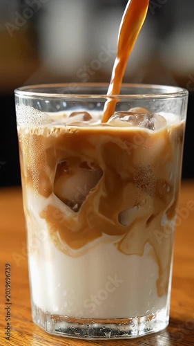Coffee Pouring Into Cold Milk And Ice - A close-up shot shows dark coffee being poured into a glass filled with ice and cold milk. The liquids swirl together, creating a beautiful marble effect.
