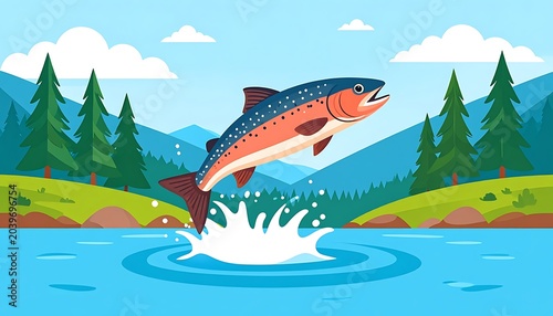 Leaping salmon in river