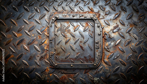 Rusted diamond plate metal texture with a square inset, industrial grit, grunge surface, weathered steel background with rivets