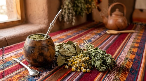 Traditional yerba mate drink setup with herbs on colorful tablecloth indoors