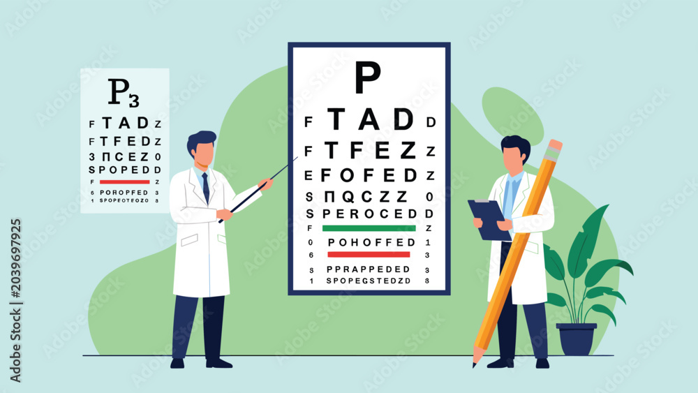 Fototapeta premium Two optometrists perform an eye examination using a large vision test chart to ensure healthy eyesight for their patients.
